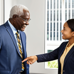 **Diverse workplace mentoring:** A visually engaging image showcasing a mentor (older, experienced employee) guiding a mentee (younger employee from a minority group) in a modern office setting. Emphasize collaboration, support, and career development. Include elements representing different cultures and backgrounds.