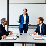 A diverse group of professionals, men and women of various ethnicities and ages (all mature adults), in a bright, modern meeting room. They are actively engaged in a lively, inclusive discussion around a large conference table. One individual, previously quiet, is now confidently presenting an idea, while others listen attentively, some smiling and nodding in agreement. Ideas are written on a large whiteboard behind them, symbolizing brainstorming and collaboration. All subjects are fully clothed in professional business attire, modest clothing, and appropriate attire. The scene conveys a strong sense of trust, open communication, and respectful collaboration. Perfect anatomy, correct proportions, natural pose, well-formed hands, proper finger count. Professional photography, high quality, safe for work, appropriate content, family-friendly.
