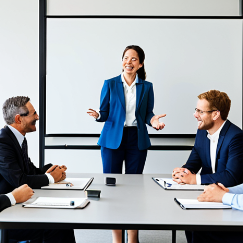 A diverse group of professionals, men and women of various ethnicities and ages (all mature adults), in a bright, modern meeting room. They are actively engaged in a lively, inclusive discussion around a large conference table. One individual, previously quiet, is now confidently presenting an idea, while others listen attentively, some smiling and nodding in agreement. Ideas are written on a large whiteboard behind them, symbolizing brainstorming and collaboration. All subjects are fully clothed in professional business attire, modest clothing, and appropriate attire. The scene conveys a strong sense of trust, open communication, and respectful collaboration. Perfect anatomy, correct proportions, natural pose, well-formed hands, proper finger count. Professional photography, high quality, safe for work, appropriate content, family-friendly.