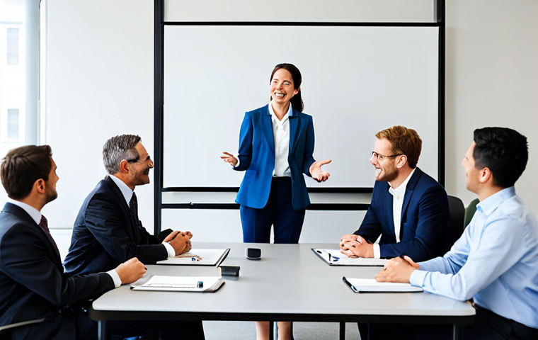 A diverse group of professionals, men and women of various ethnicities and ages (all mature adults), in a bright, modern meeting room. They are actively engaged in a lively, inclusive discussion around a large conference table. One individual, previously quiet, is now confidently presenting an idea, while others listen attentively, some smiling and nodding in agreement. Ideas are written on a large whiteboard behind them, symbolizing brainstorming and collaboration. All subjects are fully clothed in professional business attire, modest clothing, and appropriate attire. The scene conveys a strong sense of trust, open communication, and respectful collaboration. Perfect anatomy, correct proportions, natural pose, well-formed hands, proper finger count. Professional photography, high quality, safe for work, appropriate content, family-friendly.